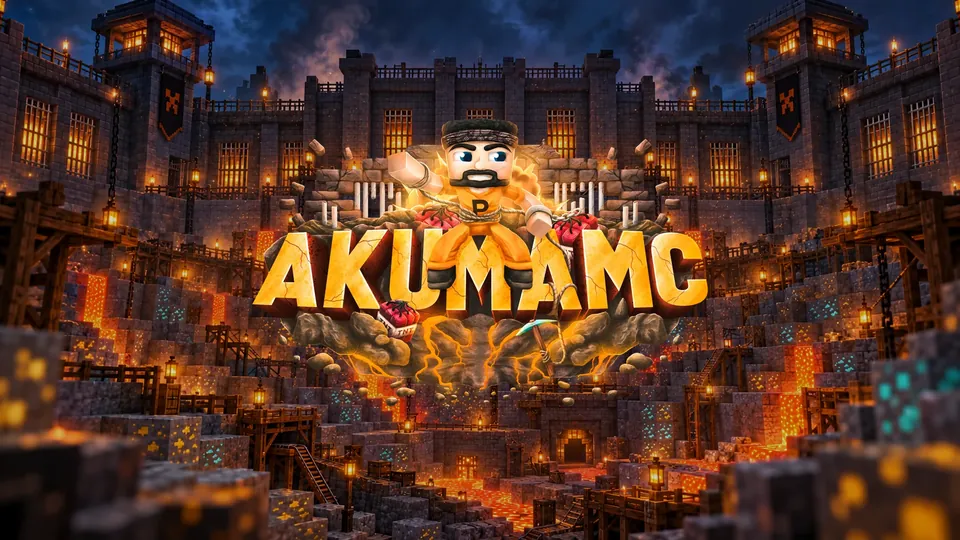 AkumaMC artwork: the AkumaMC logo over a torch-lit stone fortress with lava below