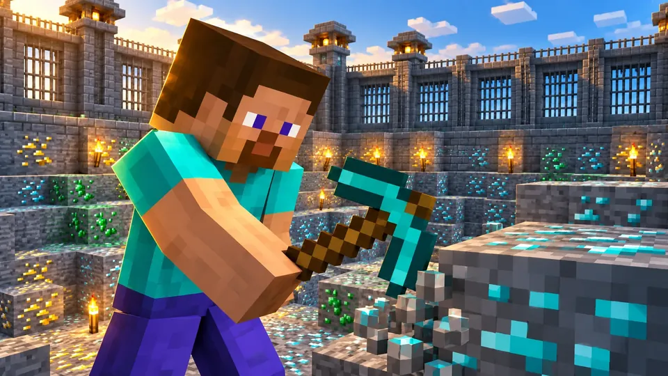 Minecraft artwork from AkumaMC: a player swinging a diamond pickaxe at diamond ore in a torch-lit stone quarry