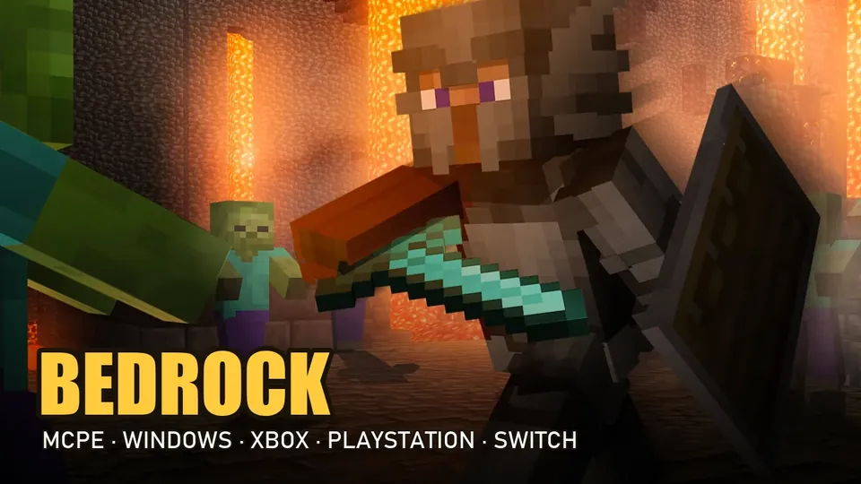 SunRealms artwork: a knight with a diamond sword and shield facing zombies in a lava-lit cave, captioned Bedrock: MCPE, Windows, Xbox, PlayStation, Switch