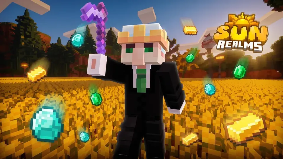 SunRealms artwork: a player in a suit holding up a pickaxe in a golden wheat field, with gems and gold in the air and the SunRealms logo
